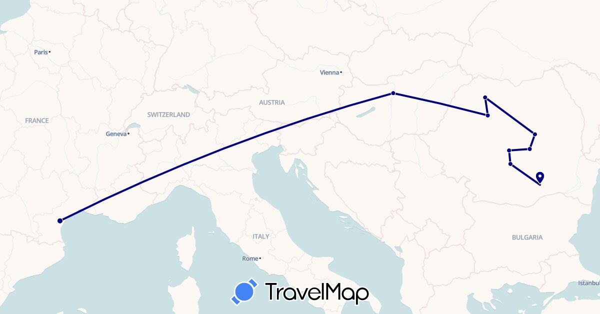 TravelMap itinerary: driving in France, Hungary, Romania (Europe)